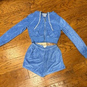 Blue Terry Cloth zip sweatshirt shorts set